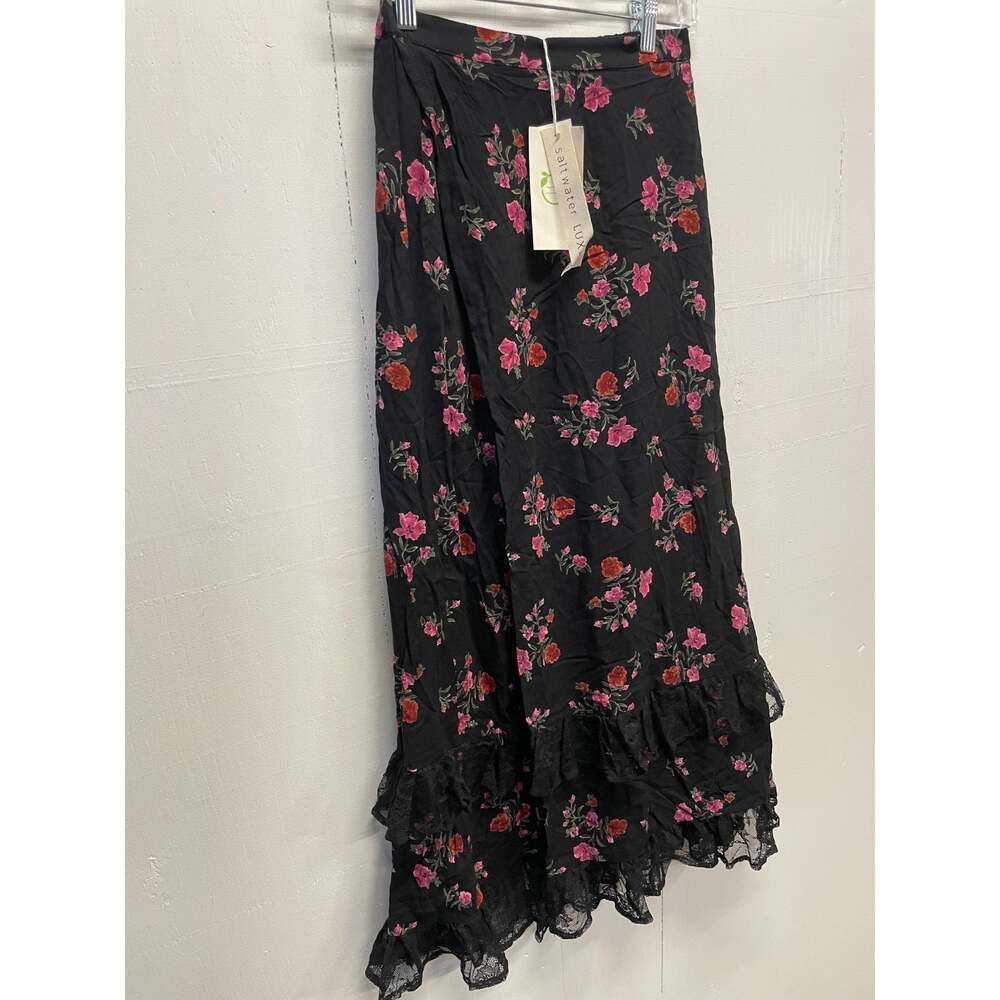 Salt Water Luxe Women's Midi Skirt Small Black Floral & Lace Side Split NWT - Picture 2 of 9